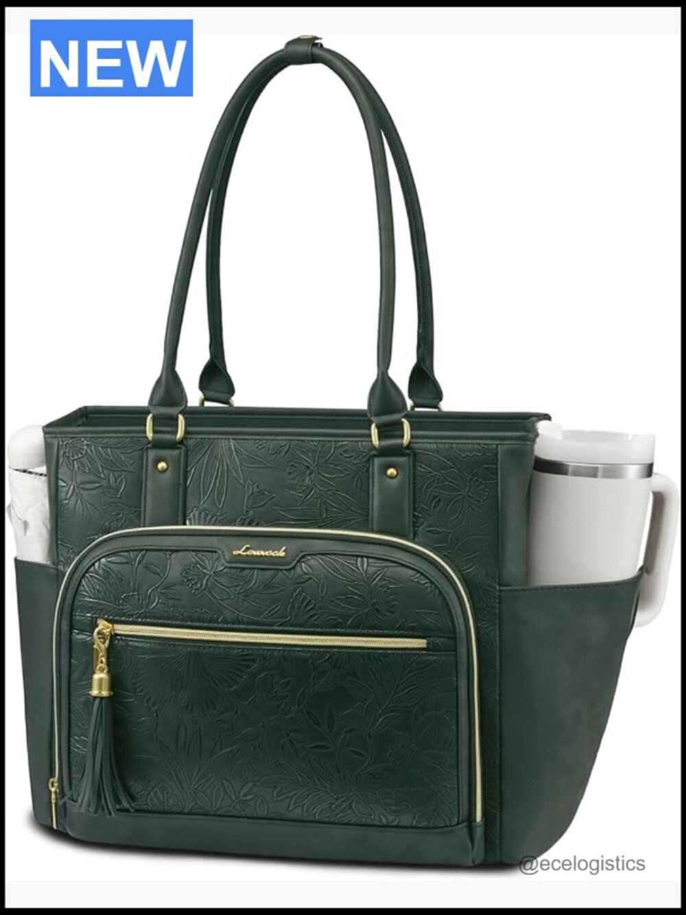 Leather Laptop Tote Bag with Cup Holder 17.3 inch Work Bag